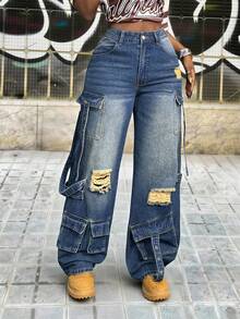 Slaydiva 女士高腰宽松工装口袋破洞阔腿牛仔裤 - 藍色 - 查看 4