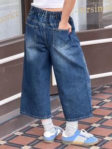 DAZY 少女蝴蝶结水钻装饰直筒牛仔裤 - 藍色 - 查看 6