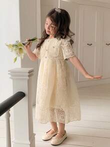 DAZY Young Girl Round Neck Lace Fashionable Chic Party Dress - Apricot - View 4