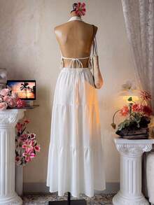 Elenzga Bộ đồ 2 mảnh dành cho nữ: Áo croptop cổ yếm tua rua buộc dây phía sau và chân váy xếp tầng cạp chun, trang phục đi biển màu trắng thanh lịch, thoải mái cho mùa hè. - Màu be - Xem 2