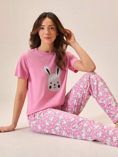Loomlin Women Cotton 2pcs Cute Rabbit Printed Short Sleeved Shirt & RABBITpatterned Long Pants Homewear Comfort Pajama Set Pink Pajamas Set Cute Sleep Wear Women Kawaii Pajamas Cartoon Pajamas Women Cute Pajamas For Woman