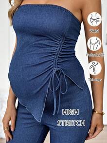 SHEIN 2pcs Maternity Tube Top With Asymmetric Hem & Drawstring And Flare Leg Jeans Set Spring To Summer Carnival Costume Commuting Vacation Graduation Chic Y2k Cute Streetwear Party Wedding Elegant Business Casual Woman Chic Maternity Denim Two Pieces Outfit Strapless Ruched Top And Flared Trousers For Expecting Moms - Blue - View 8