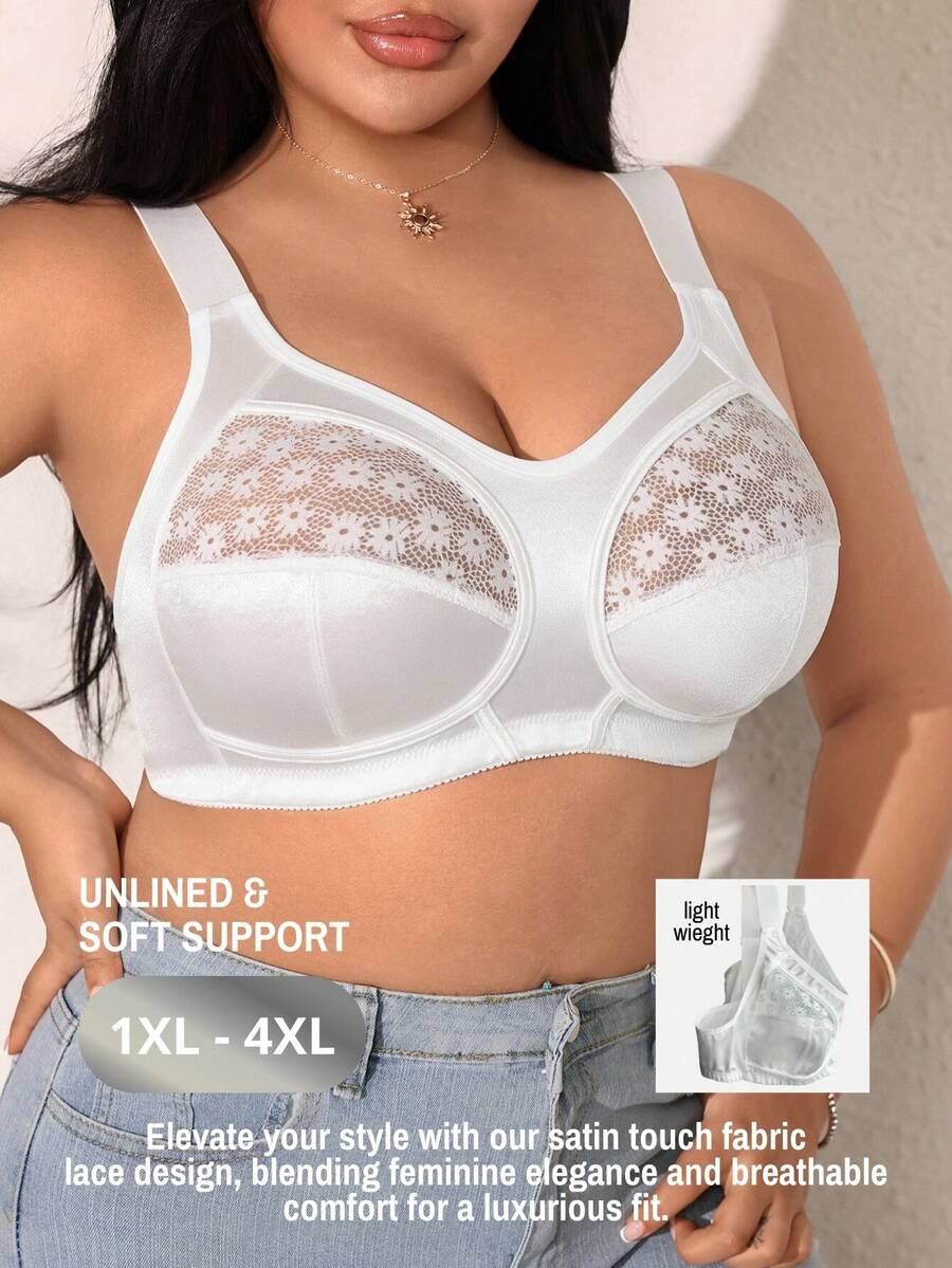 Sujetador inalámbrico de encaje y parches para mujer de talla grande - Blanco - Ver 1