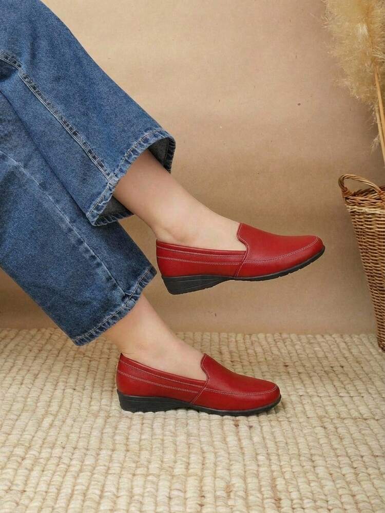 Mocasín Mujer Cómodo Costuras Destacadas Punta Redonda Sin Cordones Suela Plana Estilo Casual Oficina Diario Zapatos - Rojo - Añade 4