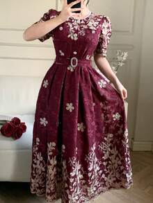 DAZY Exquisite High-End Lace Tie-Cinched Waist Embroidered Delicate Korean Style Elegant Rejuvenating Dress Sun Dresses For Women Summer - Burgundy - View 6