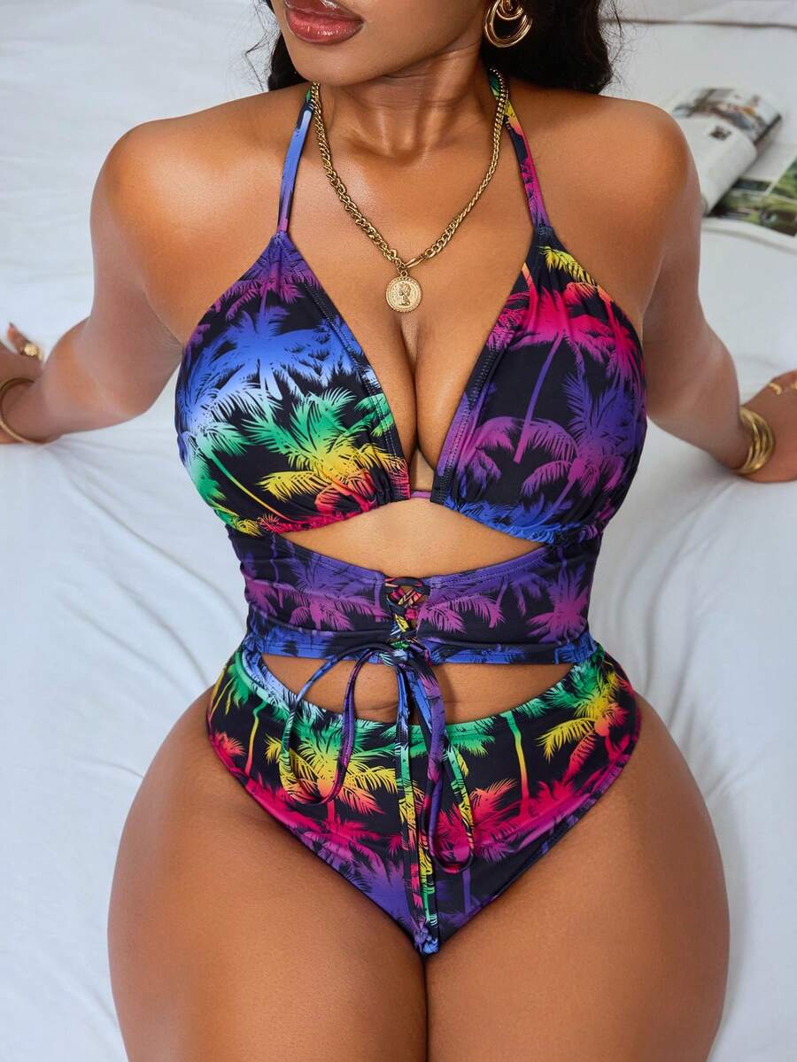 Slaydiva 2026新款加大码曲线连体彩色棕榈树印花夏季沙滩度假泳衣,欧美跨境 - 彩色 - 查看 1
