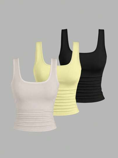 EMERY ROSE Plus Size Printed Tank Top, Plus Size Women Casual Round Neck Tank Top, Plus Size Women Fashion Tank Top, Plus Size Women Tank Top 3 Pieces Set, Summer