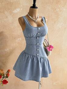 Soleia Women's Square Neck Button Design Ruffle Hem Sleeveless Denim Dress - Blue - View 1