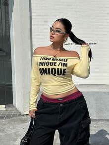 SHEIN EZwear 2026春夏新款休闲户外、派对、约会、生日、音乐节、返校、度假、情人节、新年等多种场合穿着，可叠穿露肩黑色字母印花弹力针织黄色加大码T恤 - 黃色 - 查看 7