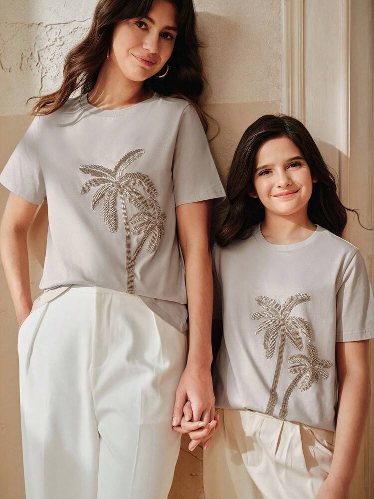 Girls' Khaki T-Shirt With Beaded Coconut Tree Embroidery, Summer