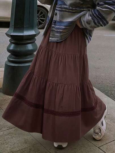 DAZY 女士纯色弹力腰荷叶边下摆休闲半身裙