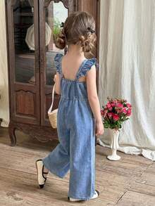 LMoss Kids Young Girl Cherry Print Ruffle Armhole Loose Wide Leg Denim Jumpsuit, Spring/Summer,Summer Outfits,Casual And Fashionable Vacation Outfits,Street Wear,2000s Style ,Comfortable And Soft Denim,Comfortable And Soft Denim   Jumpsuit,Girl Jumpsuit - Light Wash - View 5