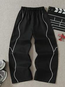 Mirajuku 1件青少年/青年休闲运动数码条纹印花裤，适合春夏户外活动 - 黑色 - 查看 4