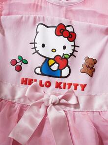 HELLO KITTY AND FRIENDS | SHEIN Baby Girl Round Neck Letter & Cartoon Print Bow Decor Fashion Party & Casual Dress - Pink - View 3