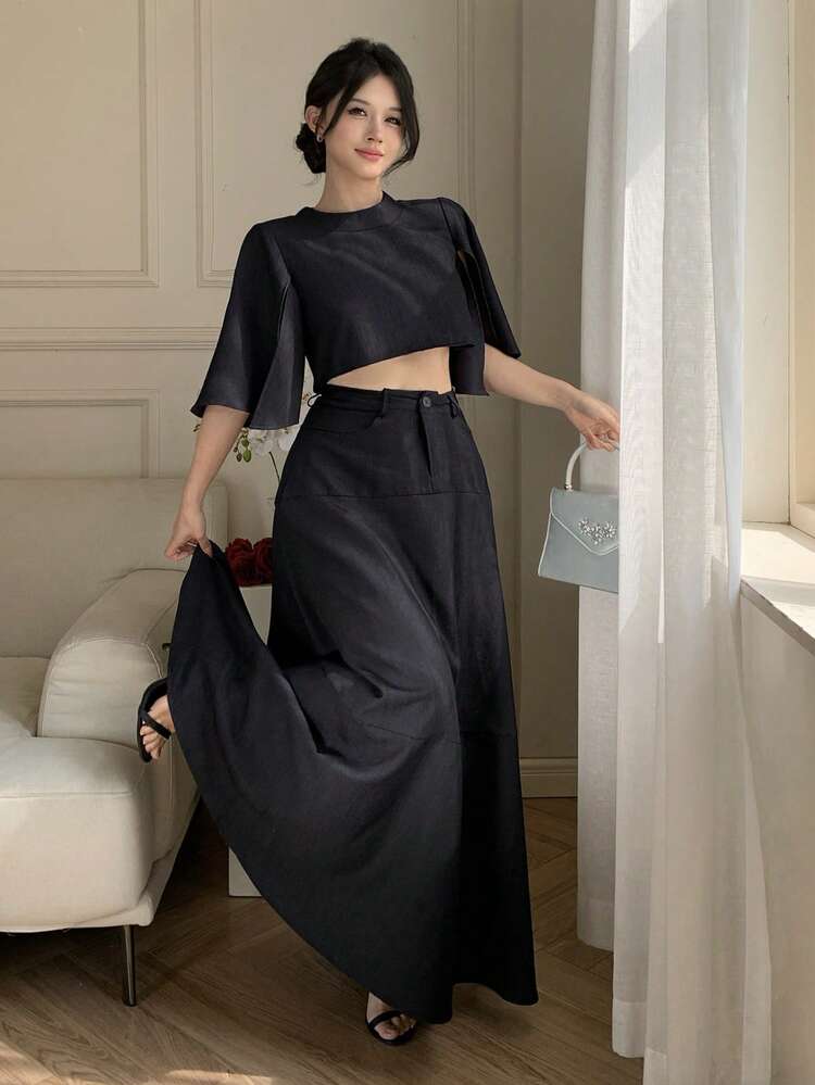 Spring & Summer Shawl Collar Short Top, Black Shirt, Elegant Outfit For Valentine's Day, Wedding, Party, Formal Event, Fashion Cocktail Dress, Slim Fit, Minimalist A-Line Skirt, Ladies 2-Piece Set