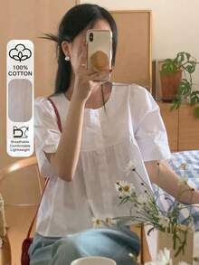 DAZY Women Solid Color Short Sleeve Shirt, Business Casual Summer,Ruffle - White - View 1