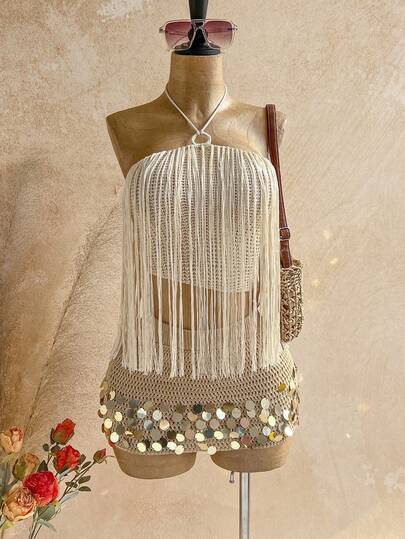 Soleia Áo thun nữ kiểu dáng thường ngày, hở lưng, cổ yếm, có tua rua trang trí, thích hợp cho kỳ nghỉ.