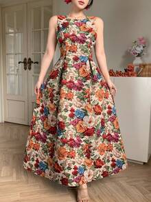 DAZY Women's Elegant Floral Print Round Neck Sleeveless Mid-Length Dress, Summer,Wedding Guest Dress Women Sundress Boho - Red - View 8