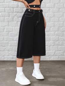 SHEIN Tall Women's High Waist Pockets Loose Casual Wide Leg 7/8 Length Jeans - Black - View 3