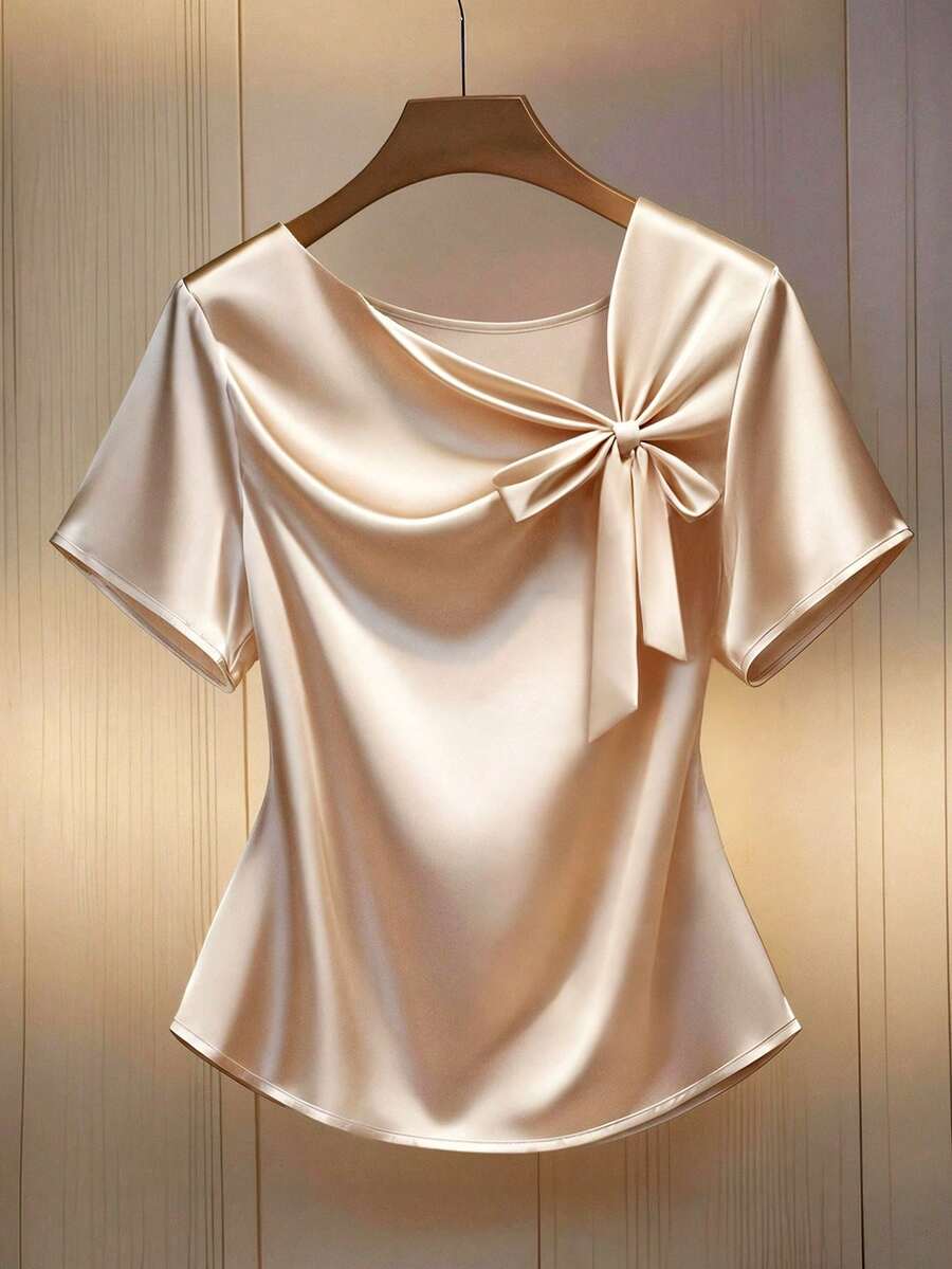 GlowEve CURVE Plus-Size Women's Asymmetrical Neckline Tie Bow Short-Sleeved Top With A Glossy Finish, Elegant And Going-Out Style, Perfect For Business Casual Summer. Elegant Blouses - Champagne - View 1