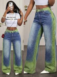 Slaydiva 夏季女士派对休闲夏季度假装扮，女士休闲宽松撞色水洗斜插口袋阔腿蓝色牛仔裤 - 藍色 - 查看 1