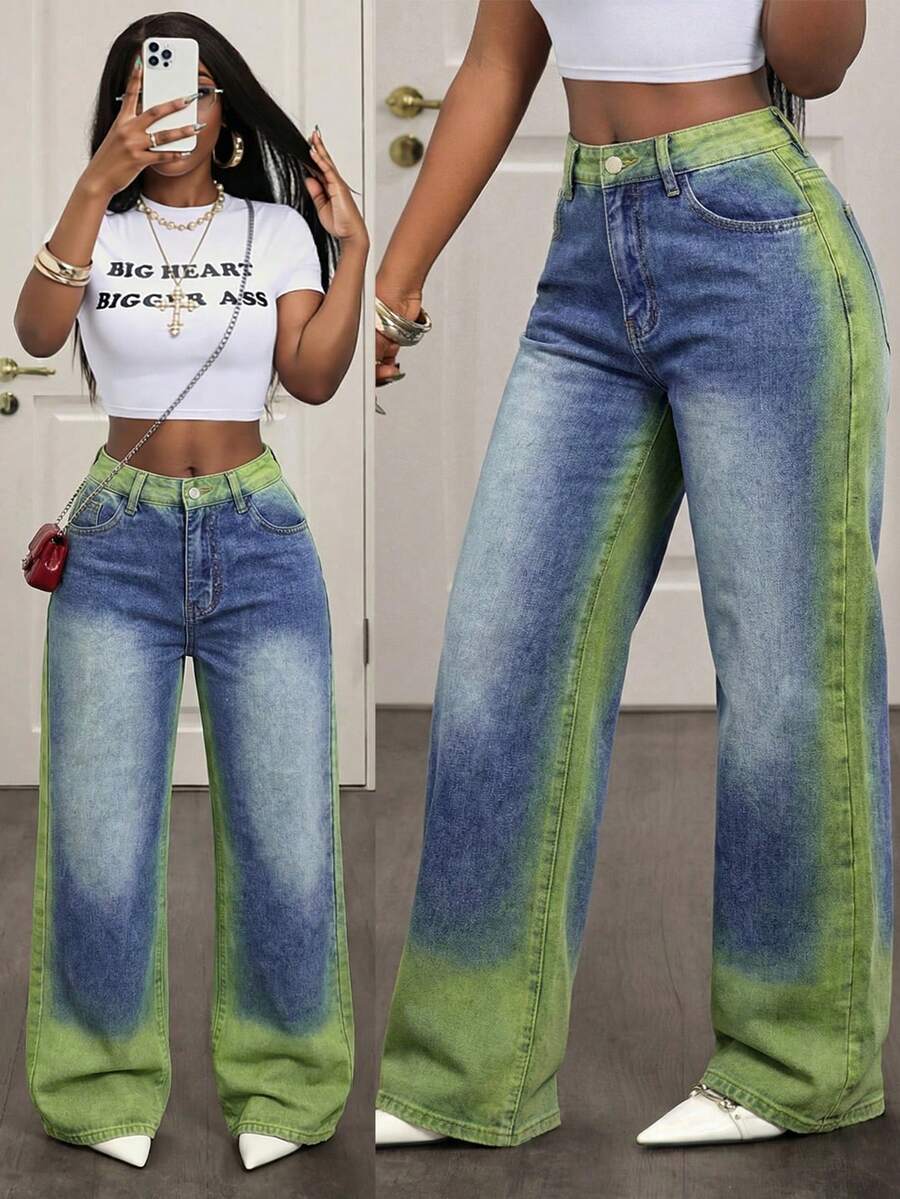 Slaydiva 夏季女士派对休闲夏季度假装扮，女士休闲宽松撞色水洗斜插口袋阔腿蓝色牛仔裤 - 藍色 - 查看 1