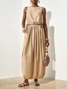 Zivah 22026 春夏新款休闲度假亚麻宽松热销卡其色圆领短款抽绳背心+郁金香长裙两件套。适合日常穿着、度假、旅行、海滩、西部风情、游牧风、节日庆典、机场穿搭、婚礼宾客装扮、通勤等场合。 - 卡其色 - 查看 5