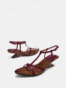 2025 法国皮革尖头坡跟时尚简约系带凉鞋，适合女士，鞋头空间约 3.2 厘米 - 3.6 厘米 - 紅色 - 查看 14