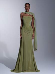 Elitara Elegant Chiffon Fabric Green Strapless Shaping Fishbone Low Waist Fishtail Pleated Side Drape Dress (Detachable, Multi-Wear) Halter Drape Suitable For Dates, Vacations, Weddings, Shopping, Daily Activities, Bridesmaid Dress - Green - View 8