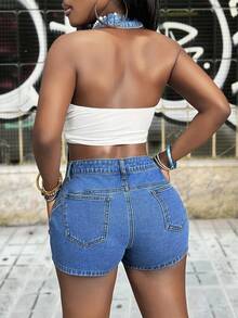 Slaydiva 女士休闲百搭带口袋牛仔背带短裤 - 藍色 - 查看 2