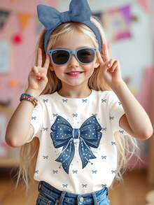 SHEIN Áo thun ngắn tay cổ tròn đính đá giả denim dễ thương cho bé gái, kiểu dáng thanh lịch, tinh tế, phù hợp cho bé gái mặc hàng ngày vào mùa xuân và mùa hè. - Nhiều màu - Xem 3