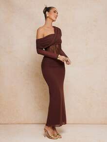 女士优雅蕾丝拼接露肩收腰长款派对连衣裙 - 咖啡 - 查看 8