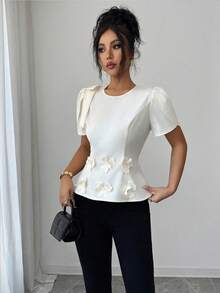 Selianne Asymmetrical Floral Bow Petal Sleeve Blouse,Pearls Decor Waist Linen-Like Fabric Top For Women,Off-White,Summer,Elegant,Tea Party 3d Flower - Apricot - View 6
