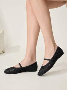 CUCCOO CHICEST 黑色网面花朵方头平底鞋，舒适柔软，简约百搭，优雅通勤女鞋 - 靜夜黑色 - 查看 2
