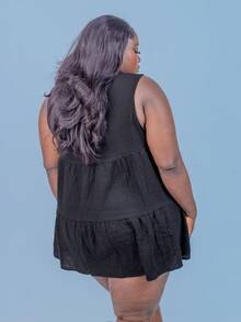 CurvyTilda 大码休闲百搭黑色棉质系带蝴蝶结无袖迷你连衣裙 - 黑色 - 查看 4