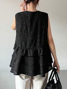 FRIFUL Áo khoác vest nữ cổ chữ V cài một hàng khuy, xếp lớp, viền bèo nhún. - màu đen - Xem 2