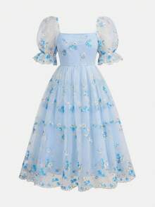 SHEIN Pitira Tween Girl Woven Mesh Embroidered Square Collar Fitted Petal Sleeve Princess Dress,Kids - Baby Blue - View 3