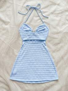mini de línea A con cuello en V sexy, decoración de metal en forma de estrella de mar, cuello con lazo, espalda descubierta, tela texturizada, adecuado para vacaciones, citas, té de la tarde, vacaciones, festivales de música, estilo bohemio - Celeste - Ver 2