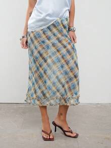 COUREZ Falda midi transparente de talle bajo con detalle de volante en el bajo - Azul - Ver 1