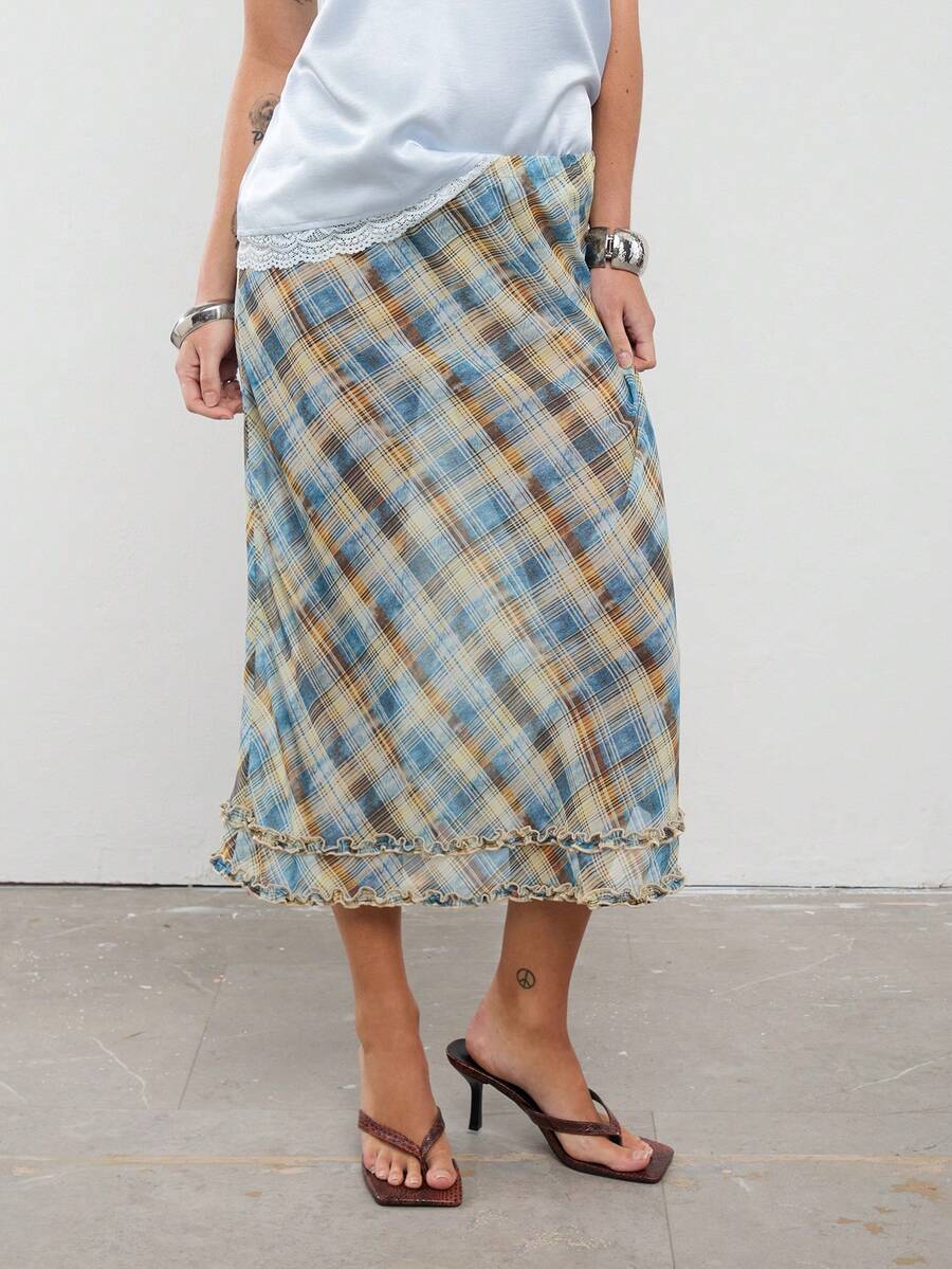 COUREZ Falda midi transparente de talle bajo con detalle de volante en el bajo - Azul - Ver 1