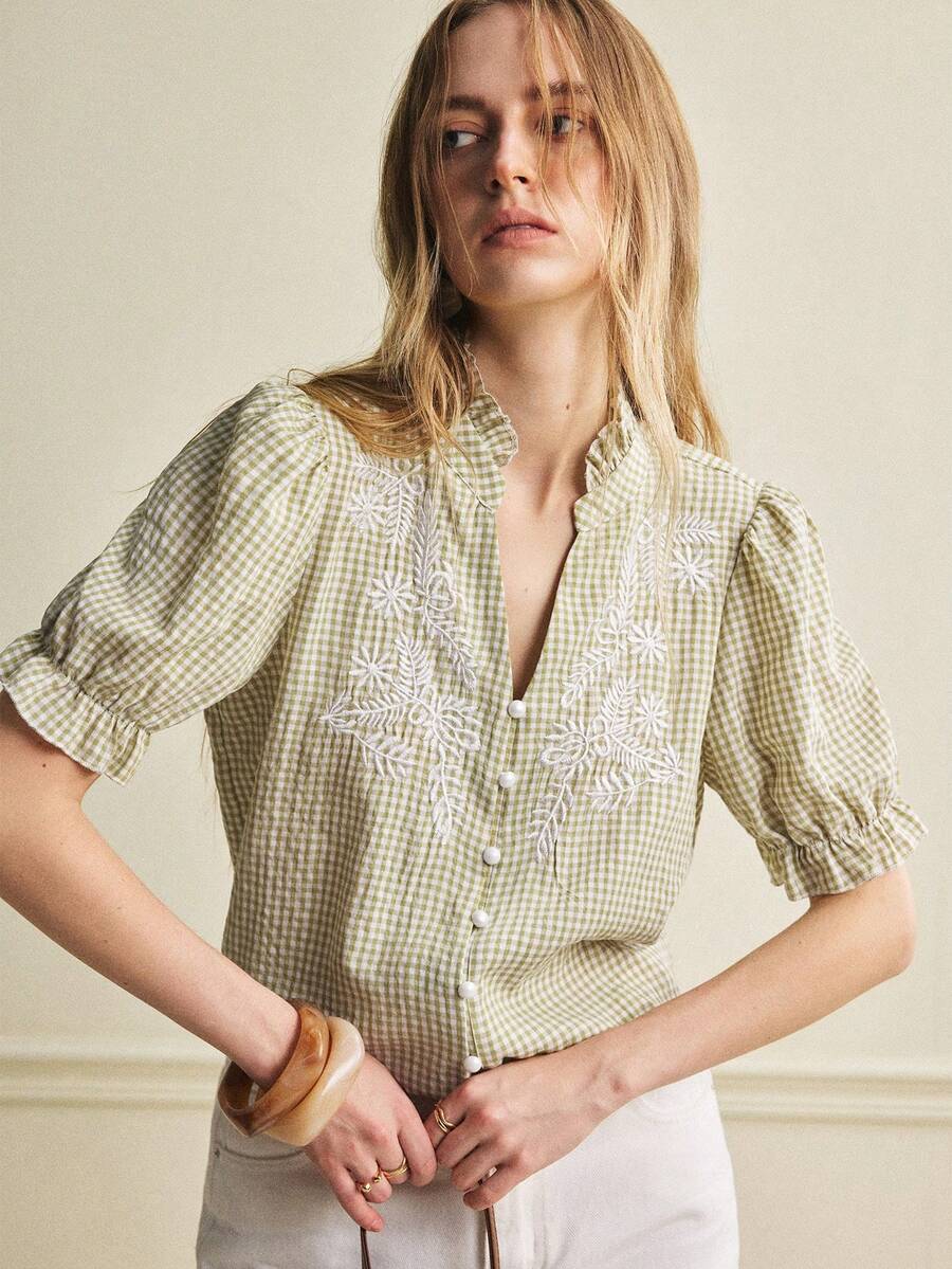 Écloséra 女士立领格子刺绣泡泡袖衬衫，夏季上衣 - 綠色 - 查看 1