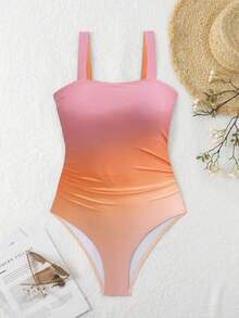 Swim Lushoire 女士优雅显瘦渐变褶皱连体泳衣，宽肩带 - 珊瑚粉 - 查看 6