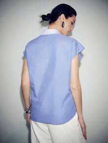 Lumivelle Women's Summer Shoulder Strap Striped Shirt, Fashion Office Wear Collared Blouse - Blue - View 2