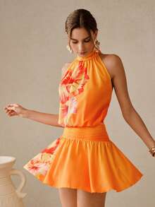 Swim Oasis New Arrival Neck-Tie Printed Jumpsuit Dress, Vacation Style Sleeveless Ruffle Hem Mini Skirt - Multicolor - View 1