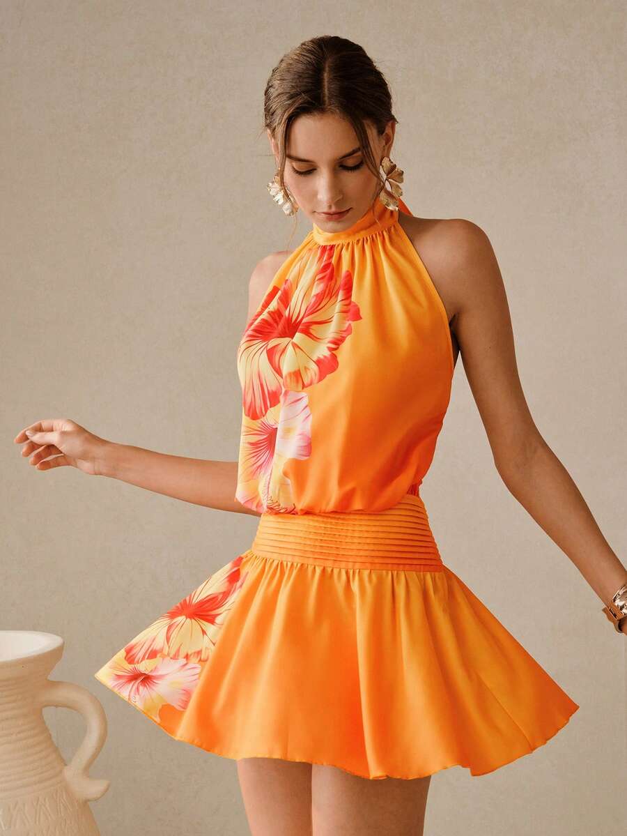 Swim Oasis New Arrival Neck-Tie Printed Jumpsuit Dress, Vacation Style Sleeveless Ruffle Hem Mini Skirt - Multicolor - View 1