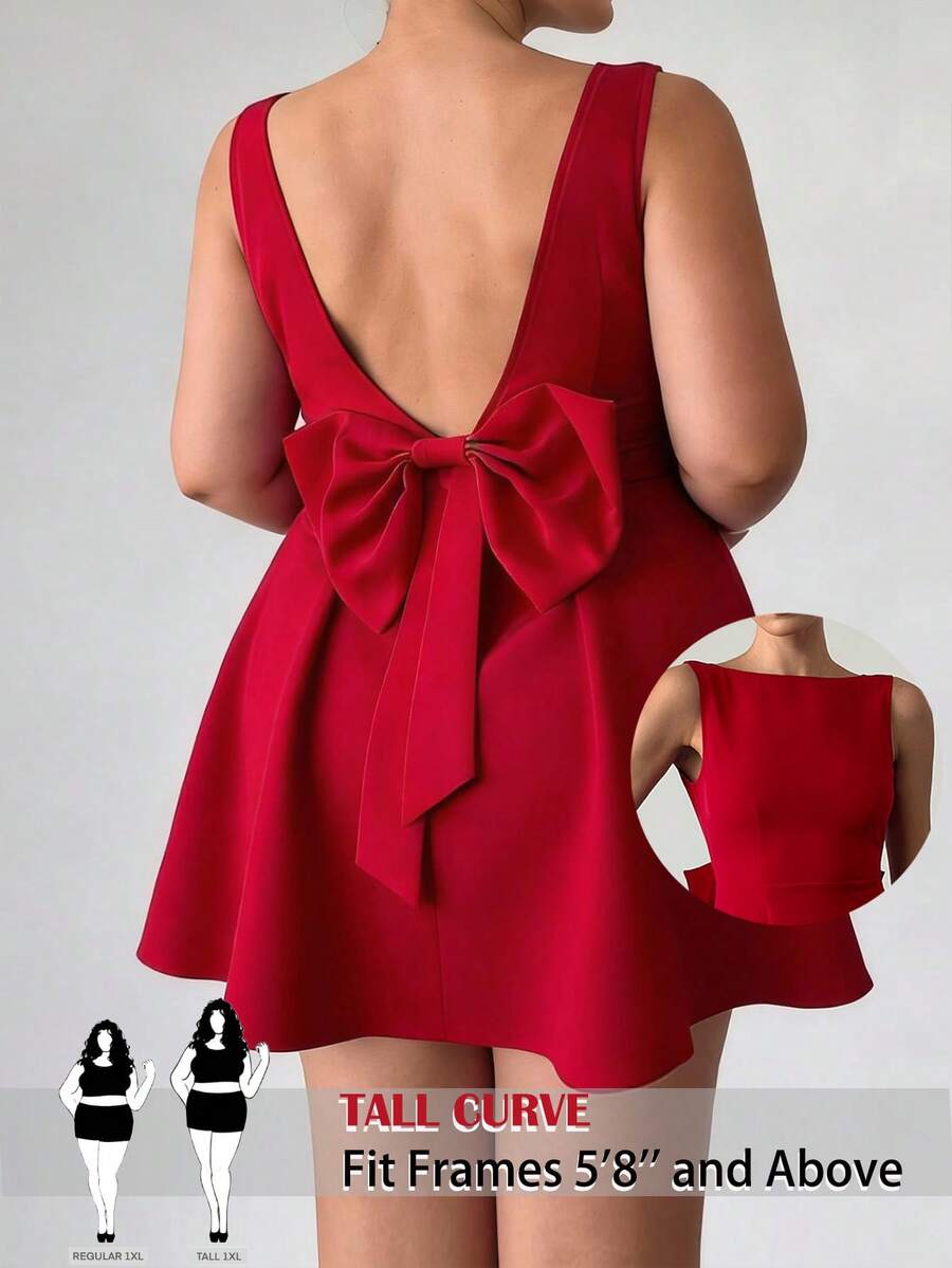 SHEIN Tall CURVE Đầm ngắn không tay, màu trơn, hở lưng, đính nơ, cỡ lớn, thanh lịch, thích hợp cho mùa hè. - Đỏ - Xem 1