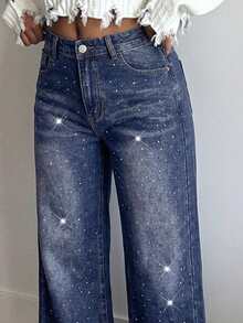 Tyla Gomez Jeans acampanados con lavado retro, ajuste delgado, decorados con escamas de strass, efecto chispeante - Azul lavado oscuro - Ver 3