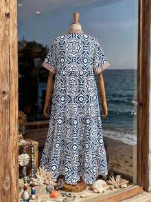 Rusticease Vestido casual de vacaciones con estampado geométrico talla grande para mujeres, vestidos de verano, ropa de verano para mujeres, vestido de primavera para mujeres, vestido de verano, atuendos de verano, ropa de verano, vestido de primavera, atuendo de primavera, ropa de primavera para mujeres, estilo campestre para mujeres, vestido campestre para mujeres, atuendos de vacaciones para mujeres, atuendos de festival para mujeres, atuendos de playa para mujeres - Multicolor - Ver 8