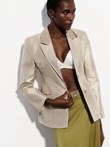 Aveloria Modichic 经典简约大方通勤优雅女士西装外套，轻盈奢华缎面面料，宽肩收腰修身设计 - 金色 - 查看 3