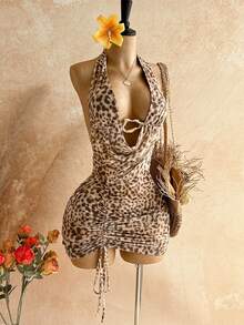 Soleia Women's Vacation Beach Leopard Print Backless Halter Mini Dress,Summer Dress,Vacation Dress,Summer Dresses For Women - Multicolor - View 8